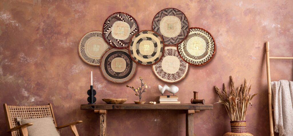 The stylish ethnic compostion at living room interior with wicker baskets